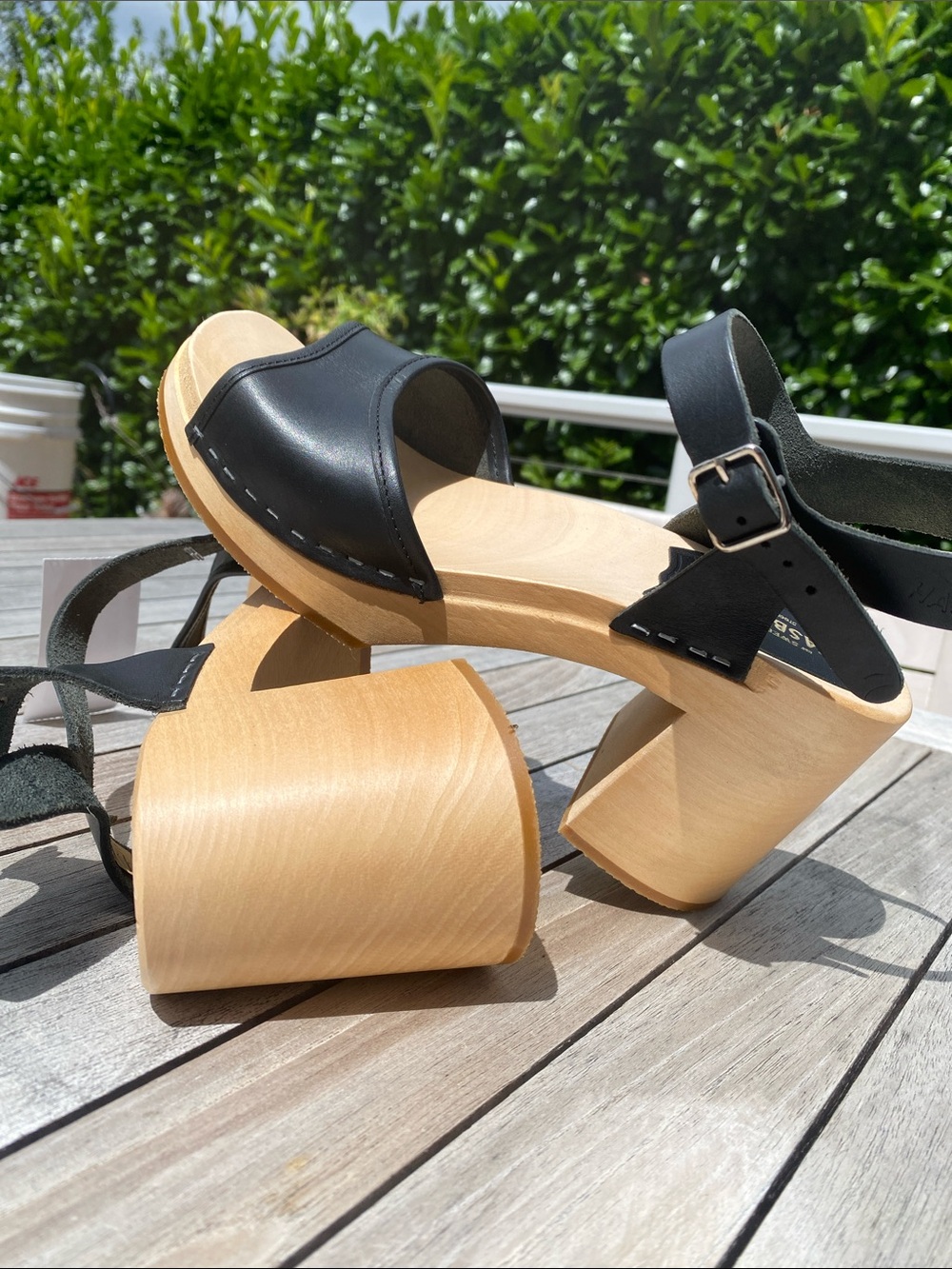 Swedish Hasbeens Black Leather Open-Toe Clog Sandals